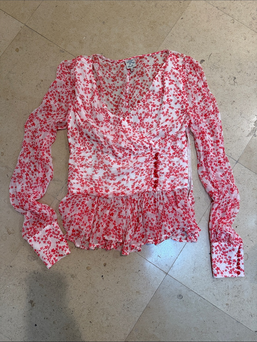 Red Floral Long-Sleeve Peplum Blouse